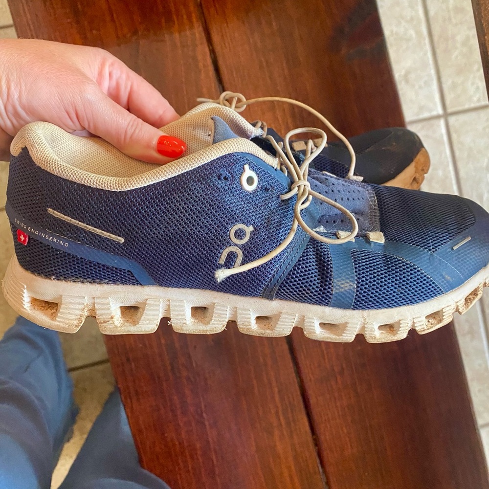 On Running Blue and Tan Athletic Shoes